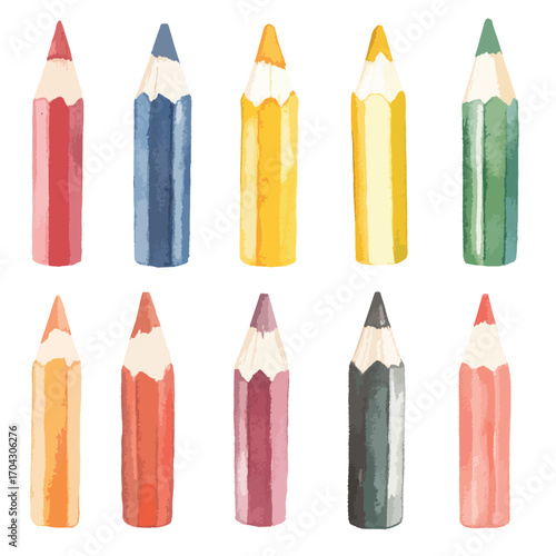 Watercolor style illustration of ten colorful wooden pencils with sharpened tips