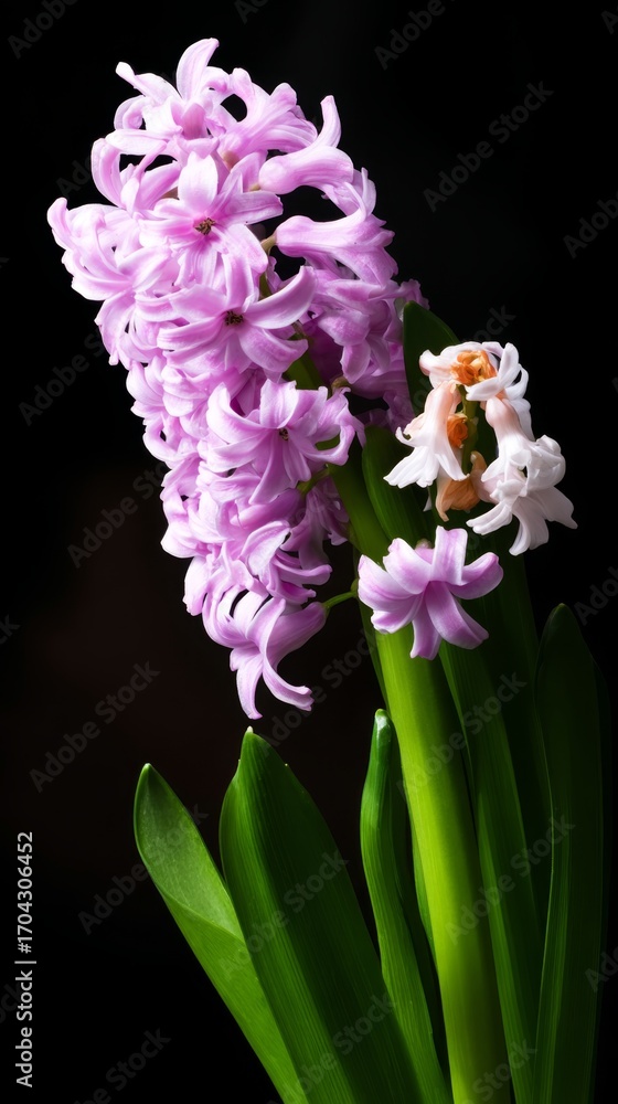 Obraz premium Vibrant pink hyacinths bloom against a dark background showcasing delicate petals and lush green leaves in a serene indoor setting