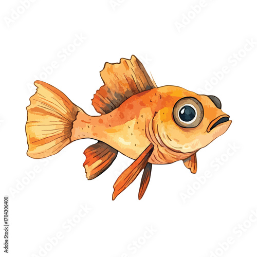 Watercolor Style Orange Goldfish with Large Eyes and Flowing Fins