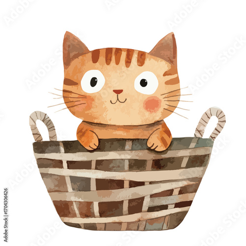 Watercolor Style Orange Tabby Kitten Peeking Out of Woven Basket