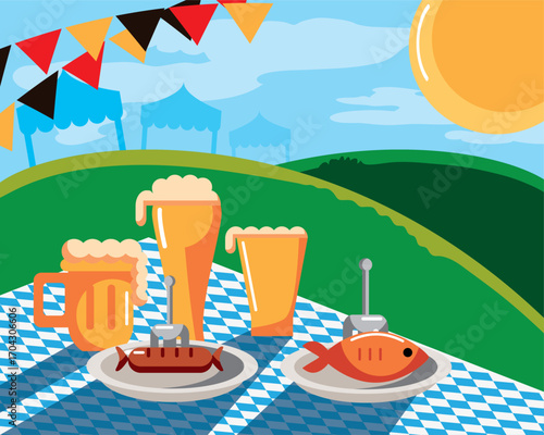 Traditional Colorful Oktoberfest Food Vector Illustration Outdoor Scene