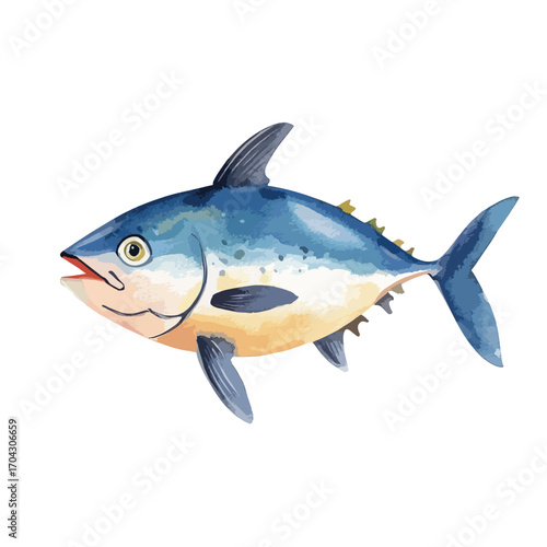 Watercolor Style Tuna Fish with Blue and Yellow Hues Open Mouth