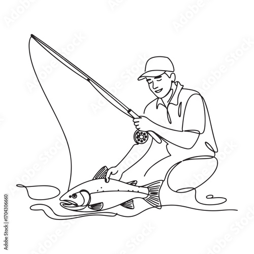 Single continuous line Art drawing young happy fisher man fly fishing success to catch big trout fish in open river. with white background