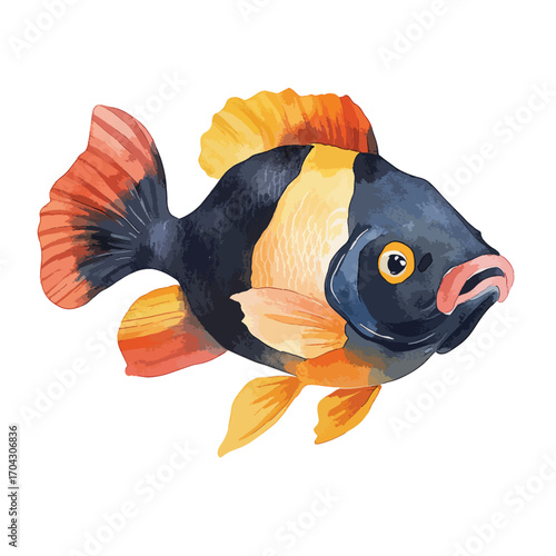 Watercolorstyle Black Moor Goldfish with Flowing Fins and Golden Accents