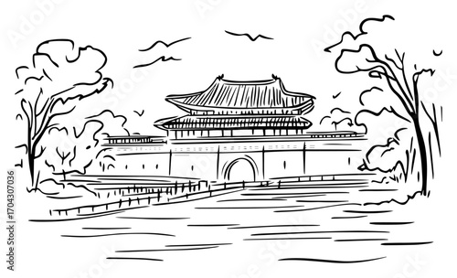 Historic East Asian Fortress Gate Sketch Vector – Traditional City Wall Arch beside River, Travel Guide Illustration, Cultural Poster