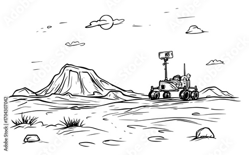 Mars Rover Desert Expedition Sketch Vector – Autonomous Exploration Vehicle Surveying Rocky Planet Landscape for Science Posters, Space Infographics, STEM Education