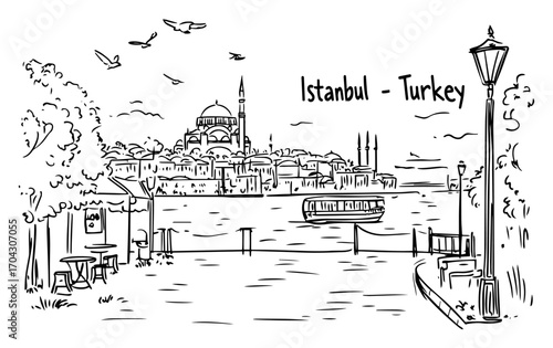 Istanbul Bosphorus Waterfront Sketch Vector – Historic Turkey Cityscape with Mosque Domes, Ferry Boat and Seaside Promenade for Travel Guides, Souvenir Prints, Posters