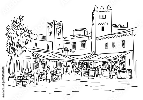 Moroccan Bazaar Market Square Sketch Vector – Lively Souk Stalls and Traditional Medina Architecture for Travel Guides, Wall Art, Cultural Posters