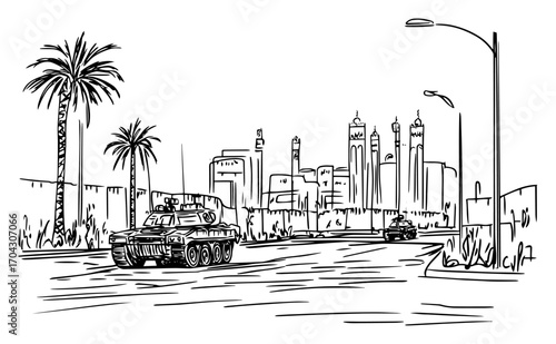 Urban Armored Patrol Sketch Vector – Military Tank Convoy Driving along Palm-Lined City Boulevard with Skyscraper Skyline for Editorial Graphics, News Infographics, Conflict Posters
