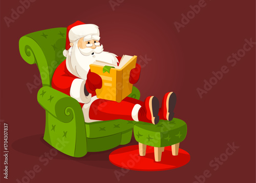Santa Claus Christmas holiday character sitting in the comfy green armchair and reading a book. Hand-drawn cartoon old man relaxing. Vector illustration.