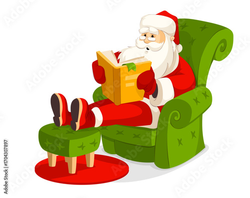 Santa Claus Christmas holiday character sitting in the comfy green armchair and reading a book. Hand-drawn cartoon old man relaxing. Isolated on white background. Vector illustration.