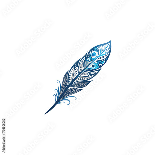 Delicate watercolor painting of a blue and silver feather with intricate details