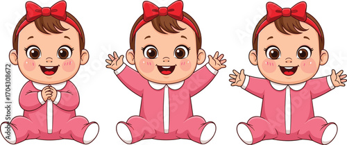 Cartoon baby girl, sitting poses, pink onesie, cheerful expression, infant character, vector art, early childhood, white background, cute design