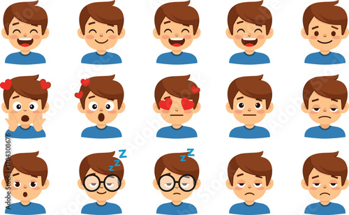 Cartoon boy emotions grid, facial expressions set, happy sad love tired, vector art, educational design, mood chart, white background