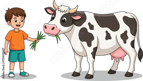 Cartoon boy feeding cow, farm animal care, rural life, kindness gesture, vector art, child interaction, white background, agriculture theme