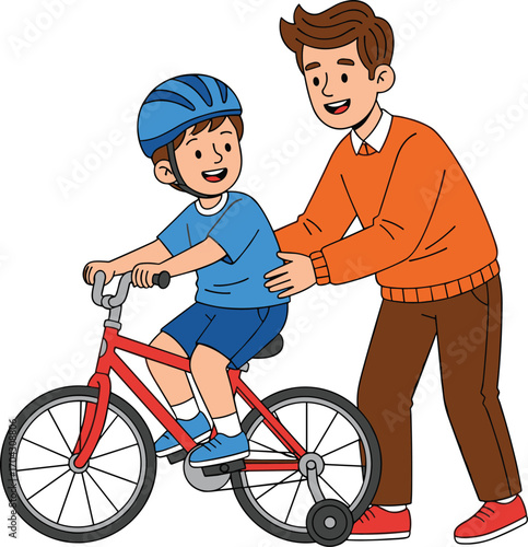 Cartoon child learning to ride, bike training moment, parent support, red bicycle, vector art, bonding scene, white background, helmet