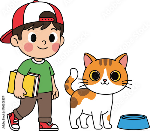 Cartoon child with books, smiling boy, cute cat beside, colorful illustration, pet bowl, playful moment, educational, indoor scene