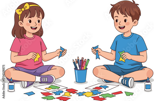 Cartoon children crafting, creative activity, paper shapes, glue and pencils, school art project, vector illustration, teamwork, learning moment, white background