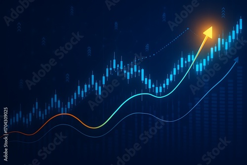 Abstract financial graph with uptrend line arrow and bar chart of stock market on blue color background..