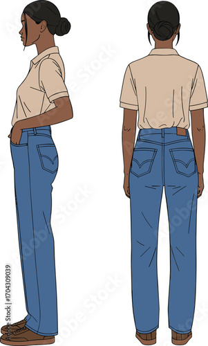Cartoon fashion character, side and rear view, clothing design sketch, blue jeans, bun hairstyle, digital illustration, style reference