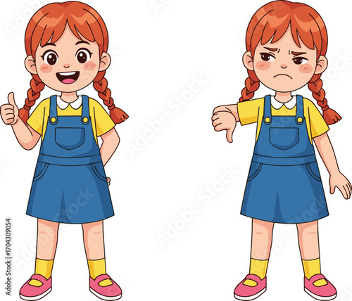 Cartoon girl thumbs up and down, emotional contrast, approval and disapproval, vector art, child expression, white background, decision moment