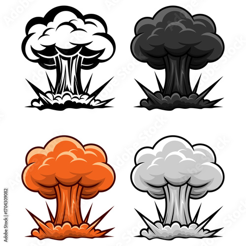 Mushroom cloud explosion set vector, atomic bomb blast in red orange, black silhouette, gray, and line art versions, cartoon EPS illustration of nuclear missile detonation isolated on white background