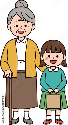 Cartoon grandmother and granddaughter, smiling together, holding bag, warm family moment, generational bond, colorful illustration, indoor scene, happy characters