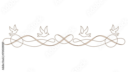 Line art design featuring four doves and an abstract looping pattern in a horizontal arrangement