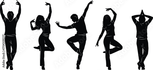 Dance silhouettes, expressive movement, black vector figures, contemporary poses, artistic motion, minimal design, interpretive dance, body language, white background, performance art