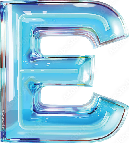 Transparent blue letter E with internal reflections and light refractions alphabet typography