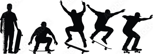 Skateboarding silhouette, ollie trick sequence, black vector figure, dynamic motion, skateboard jump, extreme sport, minimal design, action pose, youth culture