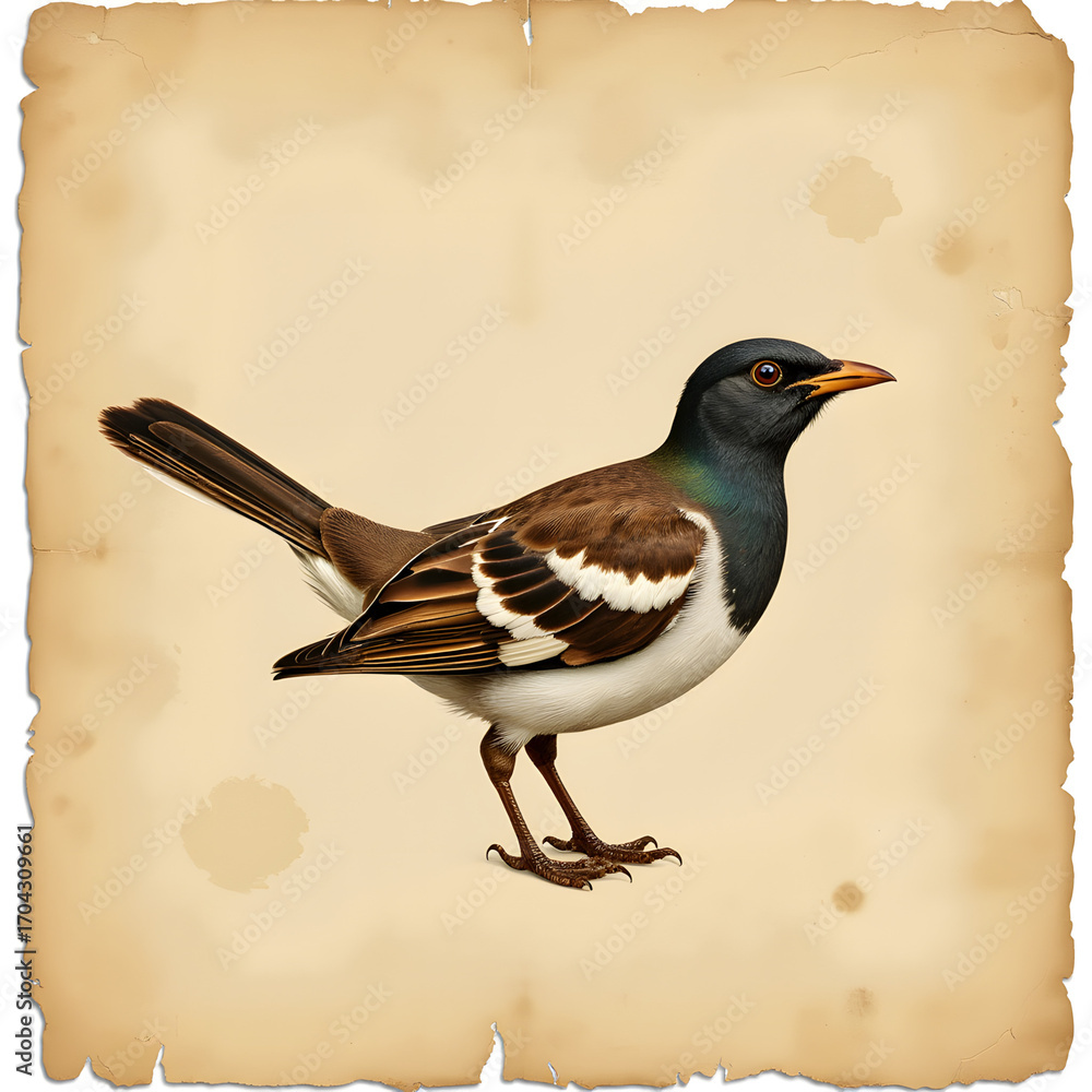 Fototapeta premium Photorealistic vintage bird illustration on aged paper background, art