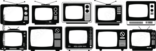 A set of various retro television silhouettes, featuring different vintage TV sets, classic cathode-ray tubes, and old media devices.