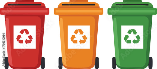 Recycling bins in red orange and green colors for waste separation and environmental protection vector illustration 