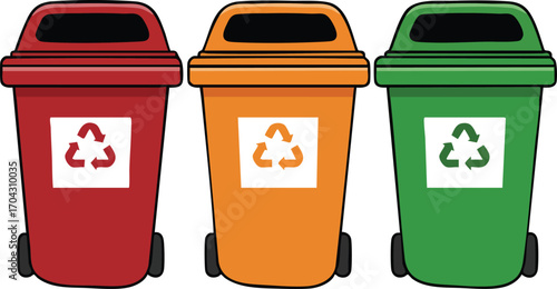 Recycling bins in red orange and green colors for waste separation and environmental protection vector illustration 