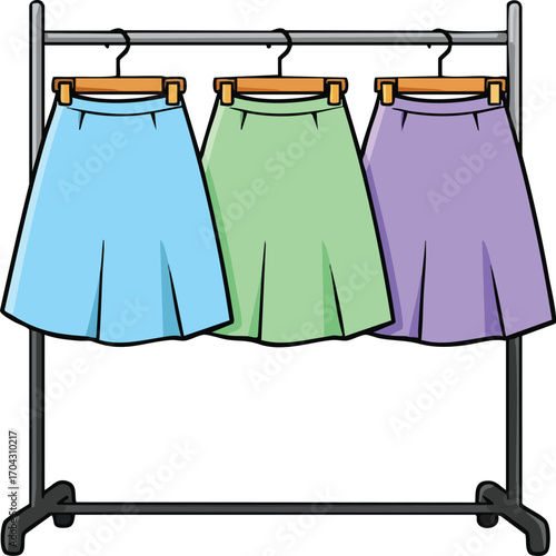 Colorful skirts hanging on clothing rack with wooden hangers in simple vector illustration