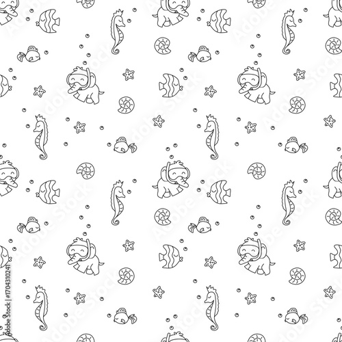 Cute seamless pattern with cartoon elephant snorkeling, seahorses, tropical fish, shells, and starfish. Fun underwater design for kids and baby products.
