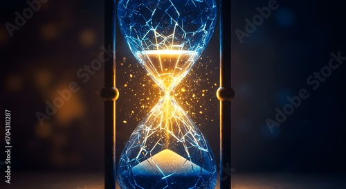 A glowing hourglass cracked with light spilling out, concept of urgency.