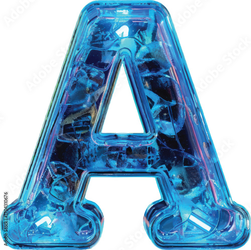Blue textured letter A with internal ice-like fragments and light refractions alphabet typography