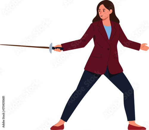 Woman practicing fencing sport with sword in dynamic pose wearing blazer and trousers vector illustration 