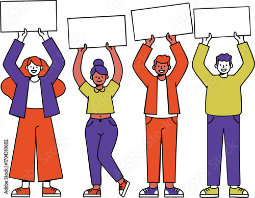 Diverse group of people holding blank protest signs for social activism and awareness in colorful outfits