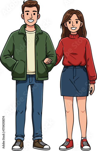 Young couple walking together holding arms in casual clothing vector illustration for lifestyle and relationships concept 