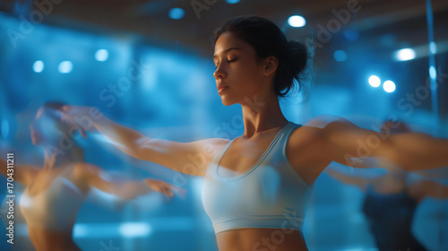 A graduate teaches dance at a studio with mirrors reflecting music pulsing and students stretching captured in a rhythmic photo with motion flows glass clarity and choreograph