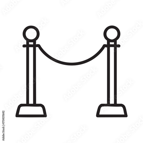 Simple black and white line art icon of a stanchion barrier with rope for crowd control and event access