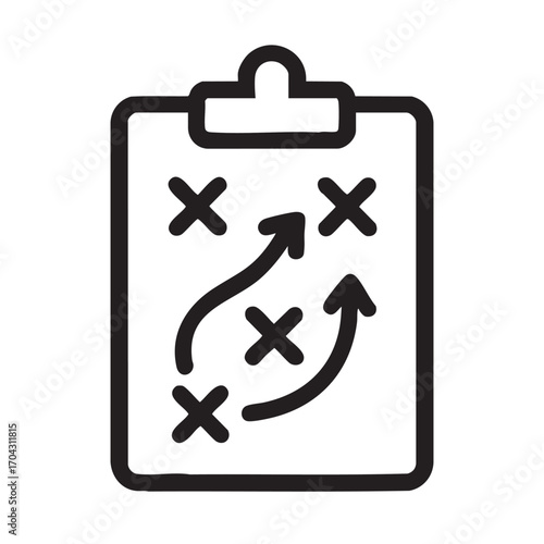 Clipboard with a hand drawn strategy diagram showing arrows and crosses representing a game plan or business tactic