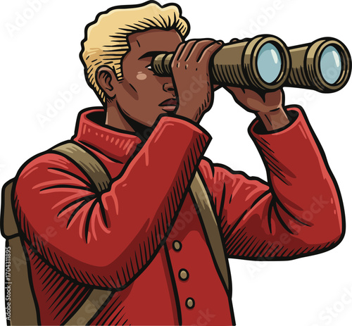 Man in red jacket using binoculars for outdoor observation and exploration vector illustration 