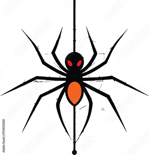 Stylized Spider Hanging from Web with Red Eyes and Orange Abdomen