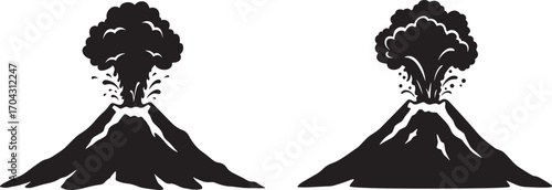 Two volcano eruption silhouettes with smoke and lava