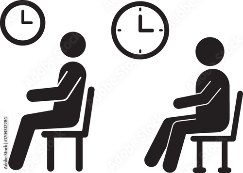Two people waiting in chairs under clocks silhouette