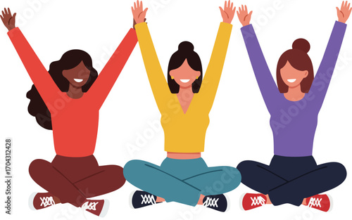 Group of diverse women sitting cross-legged with raised hands in casual colorful clothes vector illustration 